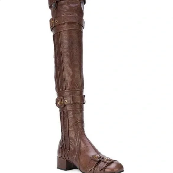 ロングブーツ PRADA GRAINY LEATHER WESTERN BOOTS PRADA BIKER Cowboy Women's Leather Suede Boots Size 36 BROWN